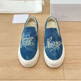 The Row shoes Womens Designer Casual Sneakers Limited Edition Lofer Fashion Luxury Thick Bottom Denim Blue Canvas Washed Embroidered Letters One Stirrup Loafers 5P