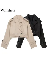 Kadın Trençkotları Willshela Kadın Moda Kemer Kırpılmış Ceket Vintage Boyun Uzun Kollu Kadın Şık Bayan Ceket Kıyafetleri 230421