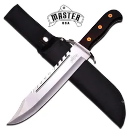 Tactical automatic knife NEW Dark Wood Handle Silver Sawback Blade Classic Tactical Bowie Knife w/ Sheath