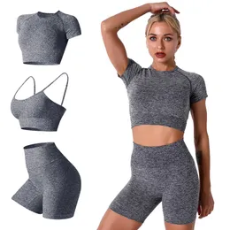 Yoga shorts Women is Yoga Workout Outfits 3 Piece Sets Seamless High Waist Running Shorts with Padded Sport Bra and Shorts Sleeve Crop Tops G