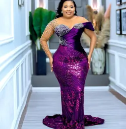 2023 ASO EBI Purple Meerjungfrau Prom Kleid PEPAPE Spitzenperlen formelle Party Abend Zweiter Empfangsgeburtstag Verlobungsbrautjungfernkleider Kleider ZJ044