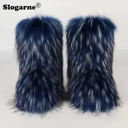 Stivali da neve invernali in pelliccia di volpe sintetica da donna Stivali da donna in pelliccia calda in peluche Calzature di lusso Bottiglie di pelliccia pelose da ragazza Scarpe soffici alla moda