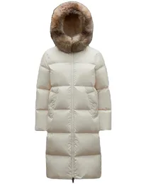 Inverno longo feminino para baixo jaqueta gola de pele com capuz puffer jaqueta braço emblema para baixo jaqueta casaco quente tamanho 0-3