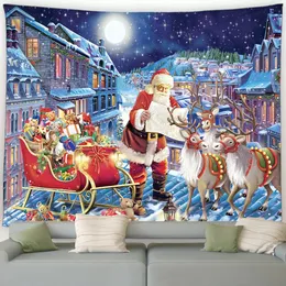 Tapestries Winter Christmas Tapestry Santa Claus Reindeer Gifts Town Night Snowy Scene Year Wall Hanging Home Living Room Decor Mural 231122