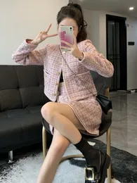 Elegant Tweed Short Jacket & Mini Skirt Set: Vintage Pink Crop Top