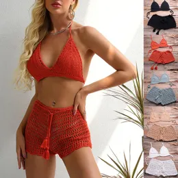 Maiô feminino biquíni moda top tecido à mão com roupa de banho oca tankinis conjunto feminino sutiãs de natação