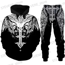 Tute da uomo Gothic Skull Tattoo 3D stampato Felpa con cappuccio / Tuta Moda da uomo Motociclista Set di abbigliamento sportivo Cool Graphic Felpa + Pantaloni Suit T231122