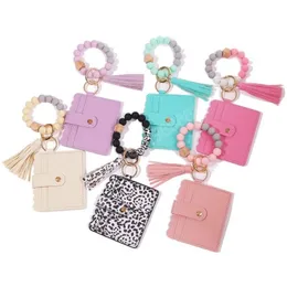 Silicone Bead Bracelet Key Rings Favor Leopard Card Bag Wood Beaded PU Leather Tassel Keychain Portable Women Wallet with Snap