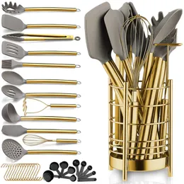 Gold 38 piezas Utensilios de cocina de silicona con soporte de utensilios de acero inoxidable resistente