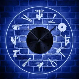 Power Electrician Lineman Silhouette LED Illumination Wall Clock High risk Lineworker Multi Color Changing Decor LED Wall Light X0292u