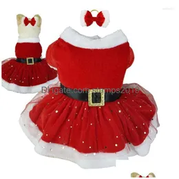 犬アパレルペットクリスマス衣装光沢のあるネットサンタクロースコスチュームかわいい女の子の服レッドドレス猫ホリデードロップデリバリーホームガーDH0WC