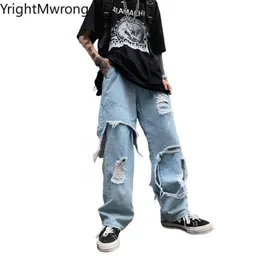 Herrbyxor oregelbundna rippade hål jeans denim pant kvinna man rak lapptäcke baggy pojkvän y2k punk kpop harajuku streetwear hip hop g230422