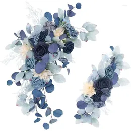 장식용 꽃 2pc 파란색 웨딩 아치 인공 꽃 장식 꽃 먼지가 많은 소박한 유칼립투스 녹지 포 세레모니 사인 의자