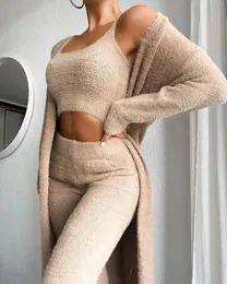 Damen-Nachtwäsche, 3-teiliges Lounge-Set, U-Ausschnitt, bauchfreie Tops, lässiges Damen-Pyjama-Set, flauschiges Fleece, gestrickt, langärmlig, dicke Baumwolle, bequeme Nachtwäsche 231122