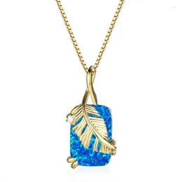 Pendanthalsband Vitblå Opal Square Stone Necklace Classic Feather Vintage Gold Silver Color Chain for Women Party