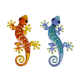 Garden Decorations Home Decor Metal Gecko Wall Art for Decoration Outdoor Statues Sculptures and Animals Jardin Yard Set of 2 230422