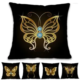 Pillow Black Background Diamond And Golden Butterflies Pattern Linen Throw Case Home Sofa Room Decorative Cover 45x45cm307j