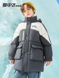Casaco para baixo neve voando crianças roupas infantis meninos contraste comprimento médio carta impressão grande