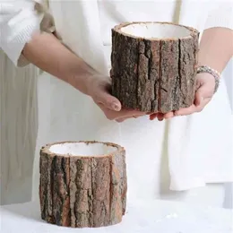 Wooden Plant Pot Vintage Round Table Decorative Style Wooden Flowerpot Fake Tree Bark Succulent Plants Creative Container 210409253K