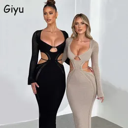 Casual Dresses Giyu Sexy Knitted Dress Women Autumn Hollow Out Maxi Long Sleeve Backless Bodycon Bandage Club Party Vestidos