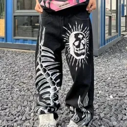 Herr jeans graffiti skalle tryck par 2023 hösten amerikansk mode gata casual lös hip-hop raka ben byxor unisex