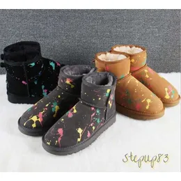 Bottes de neige courtes pour femmes, peinture Graffiti, garde au chaud, peau de mouton, cuir véritable, peluche imperméable