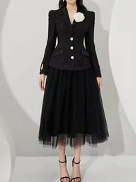 Abiti da lavoro SMTHMA Set di due pezzi di moda di alta qualità per le donne Bavero manica lunga Cappotto blazer di lana nero Set gonna a rete elastica in vita