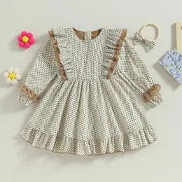 Flickaklänningar 3-7y barn flickor avslappnad klänning långärmad polka dot ruffle a-line baby höstkläder barn prinsessa