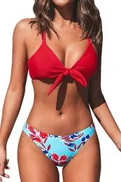 Womens Sexy Bikini Women is Red Floral Print Knotted Bikini Swimsuit Set, S