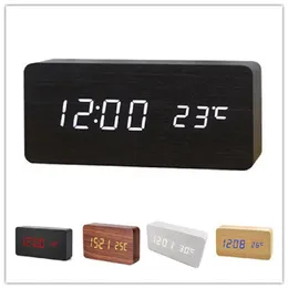 Multi-função led despertador de madeira temperatura controle de som pouca luz noturna display eletrônico desktop digital clock272r