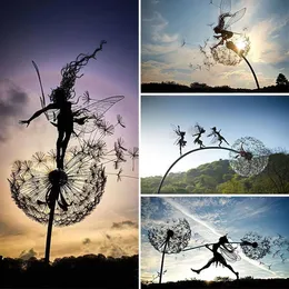 Garden Decorations Metal Dandelion Flower Fairy Spirit Plugin Square Decoration Tale Statue Handicraft Decor Statues 230422