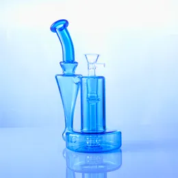 Bongo de vidro científico de 8 polegadas azul exclusivo reciclador dab rig chuveiro cachimbo de vidro com tigela