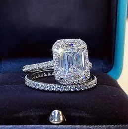 Alyans Emerald Cut 2ct Lab Diamond Promption Sets 925 STERLING Gümüş Nişan Bandı Kadınlar Gelin Partisi Takı Kutusu 23ESS