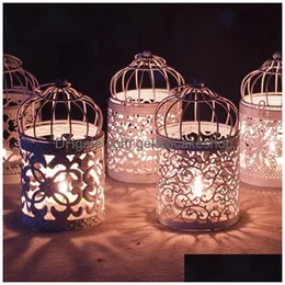 Candle Holders Hollow Holder Metal White Tealight Candlestick Flower Pattern Birdcage Christmas Fairy Wedding Party Drop Delivery Ho Dhtim