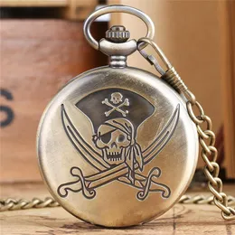 Bronzo Classic Pirates of Skull Design Orologi da tasca Steampunk Orologio al quarzo Collana Catena Regali Uomo Donna Kids183D