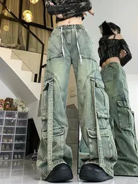Women's Jeans Circyy Cargo Women Lace Up Streetwear Spliced More Than A Pocket Wide Leg Korean Fashion Straight Trousers