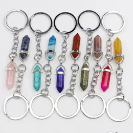 Keychains Lanyards Hexagon Prism Reiki Healing Natural Stone Keychains Chakra Amethyst Pink Rose Crystal Key Rings Keyrings Women Me Dhyhg