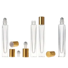 Bottiglia vuota da 10 ml con penna quadrata in vetro trasparente, con sfera in acciaio inossidabile con tappo dorato per profumo di olio essenziale Pncru