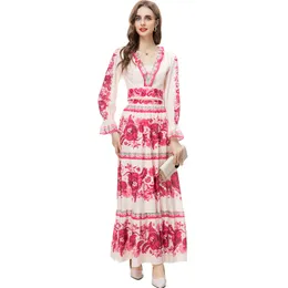Women's Runway Designer Two Piece Dress V Neck Long Sleeves Printed Blouse with Floral A Line Skirt Twinsets