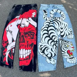 Damen Jeans Y2K Baggy Jeans Harajuku 2000er Jahre Streetwear Vintage Druck Übergroße Hip Hop lose Jeans Rock Gothic Mode Weite Hosen Hose 231122