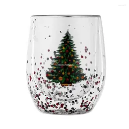 와인 안경 크리스마스 트리 컵 워터 유리 더블 레이어 두꺼운 커피 머그잔 반짝이는 데 스팽글