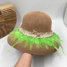 Wide Brim Hats Summer Designer Fashion Colours Bright Green Feathers Hepburn Basin Sun Hat Big Minus Age Eaves Fisherman Bucket HatsWide