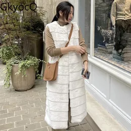Pele feminina gkyocq coreano chique inverno temperamento sentido sênior em torno do pescoço em camadas design solto versátil na altura do joelho colete falso jaqueta