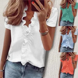 Women's Blouses Shirt Plain Ruffle Blouse Summer Solid Color Short Sleeve Basic Style Elegant Office Lady VNeck Tops Pullover Blusa 230421