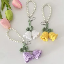 Keychains Ins Creative Cute Girl Wool Crochet Orchid Ling Flower String Keychain Pearl Chain Bag Dekorativ Buckle Party Gift