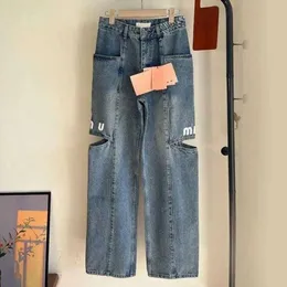 Alta verion jean deigner calça grande bolso rasgado impresso traight perna larga denim trouer roupas femininas controle de zíper atacado marca designer