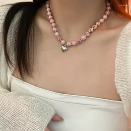Hänge halsband mode hjärta rosa sten pärlhalsband kristallklavikel för kvinnor estetiska smycken tillbehör