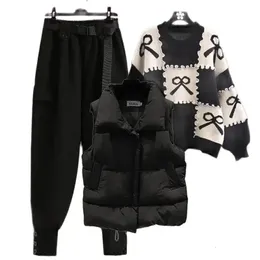 Vrouwen Tweedelige Broek 2024 Lente En Herfst Set Katoenen Jas Vest Gebreide Trui Werk Streetwear Casual Drie 231122