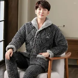 Men's Sleepwear Men Winter Three-layer Cotton Sandwich Thickened Coral Velvet Home Suit Middle-aged Young Large Size Outer Flannel Set