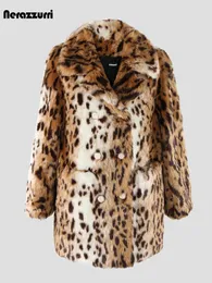 Pele feminina pele sintética nerazzurri outono inverno colorido leopardo impressão grosso quente peludo casaco de pele falsa feminino duplo breasted luxo jaqueta fofa 231122